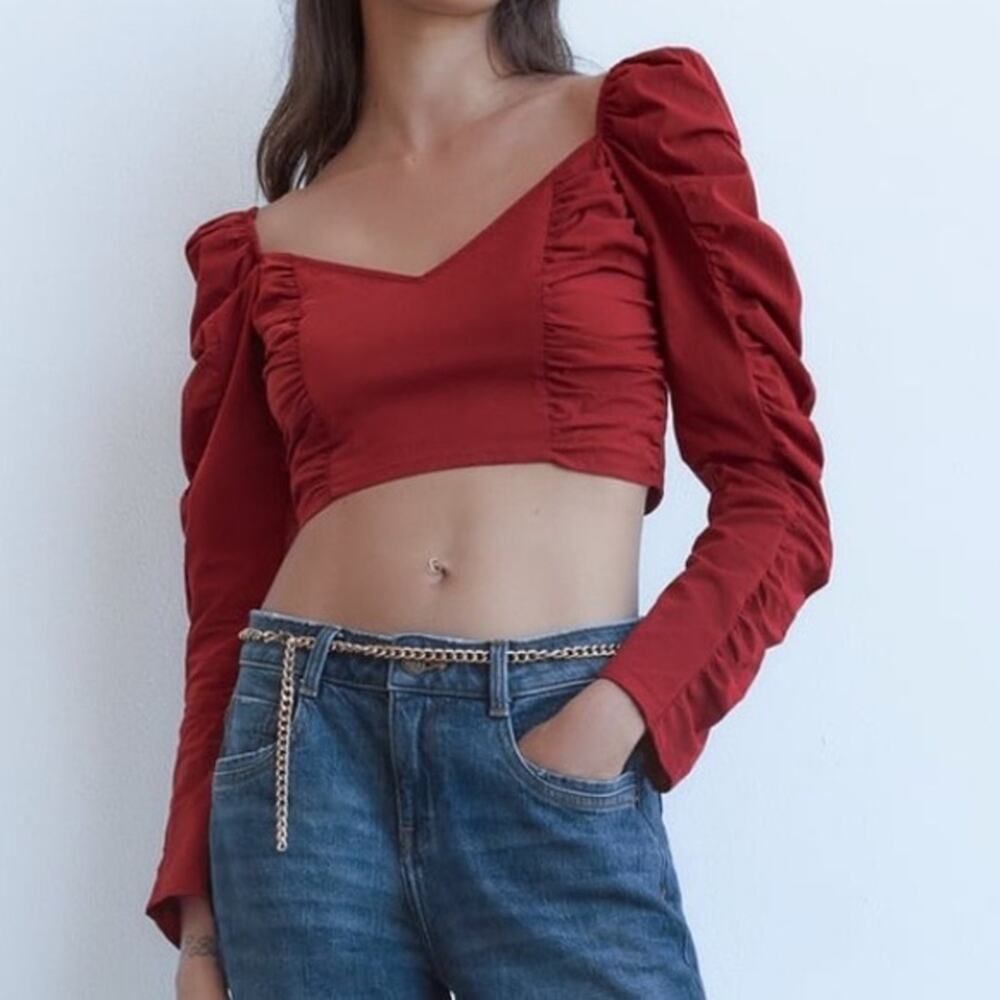 NWT Zara Red Long Sleeve Ruched Crop Top‎ XS
